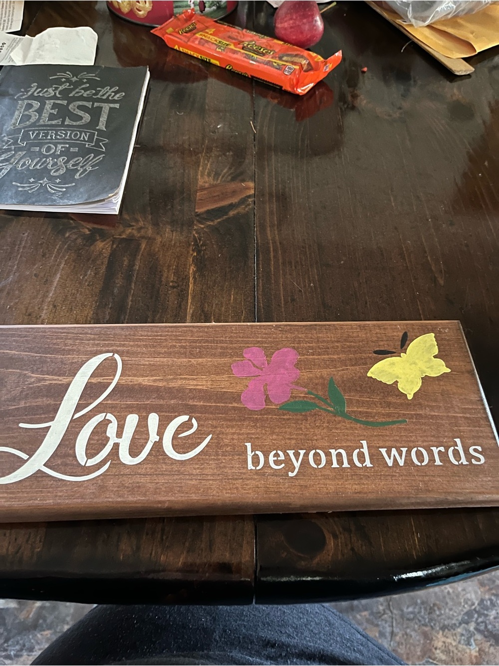 Love Beyond Words Wooden Sign with Pink Flower & Yellow Butterfly